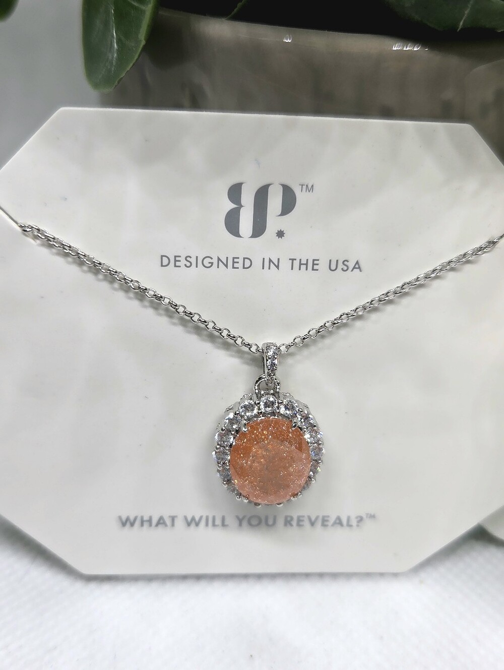 BP Peach Ice Crystal 2424 Necklace On Rhodium Plating
